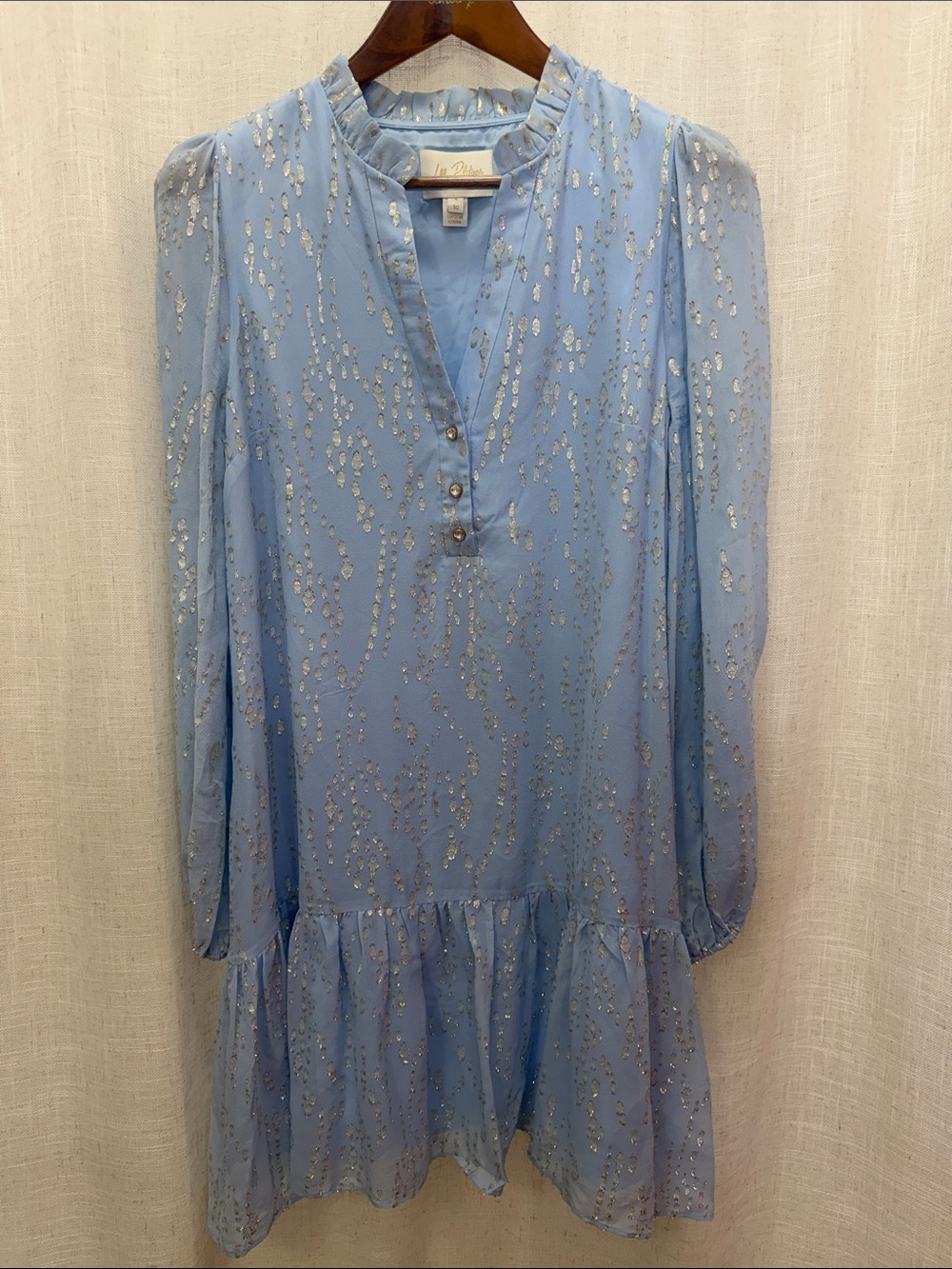 Lilly Pulitzer Light Blue Metallic Dot Ruffle Hem Long Sleeve Dress Size 10